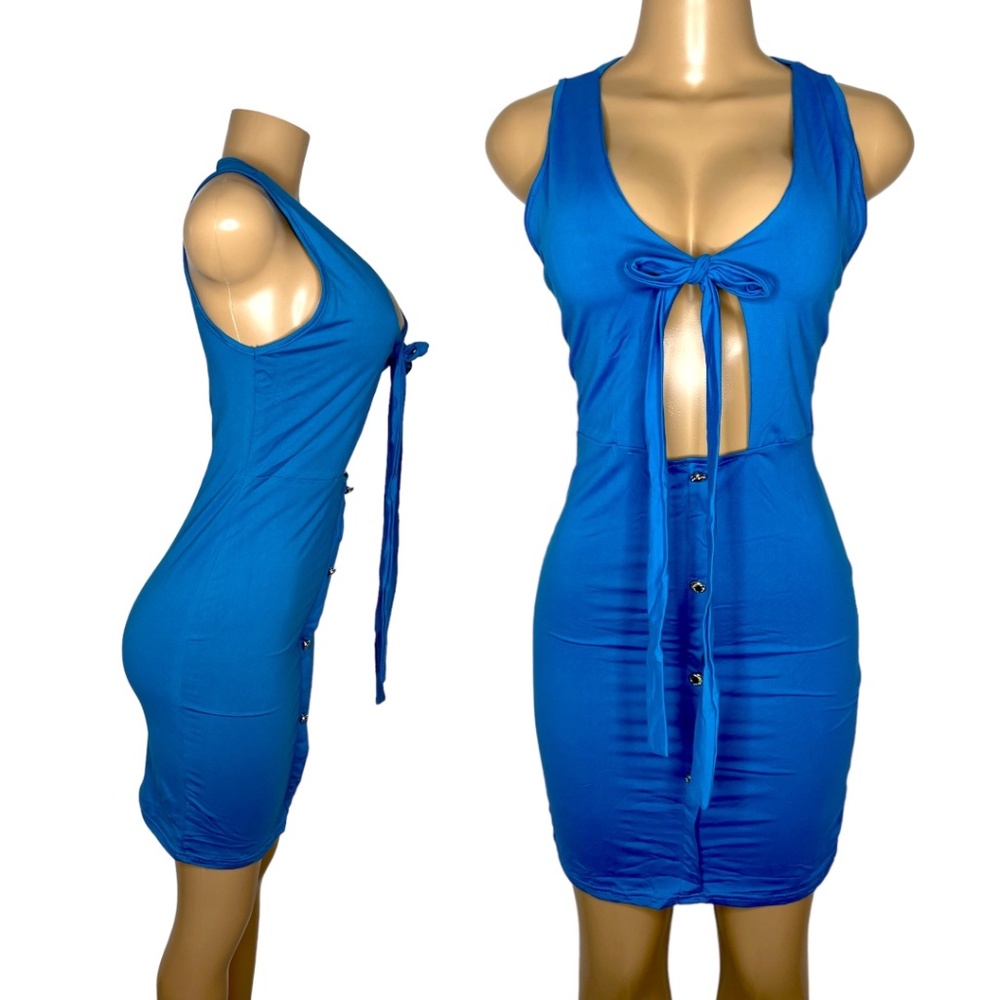 Size L Stretchy Bodycom Short Blue Dress Sexy Sleveless Mini Club Party Dress